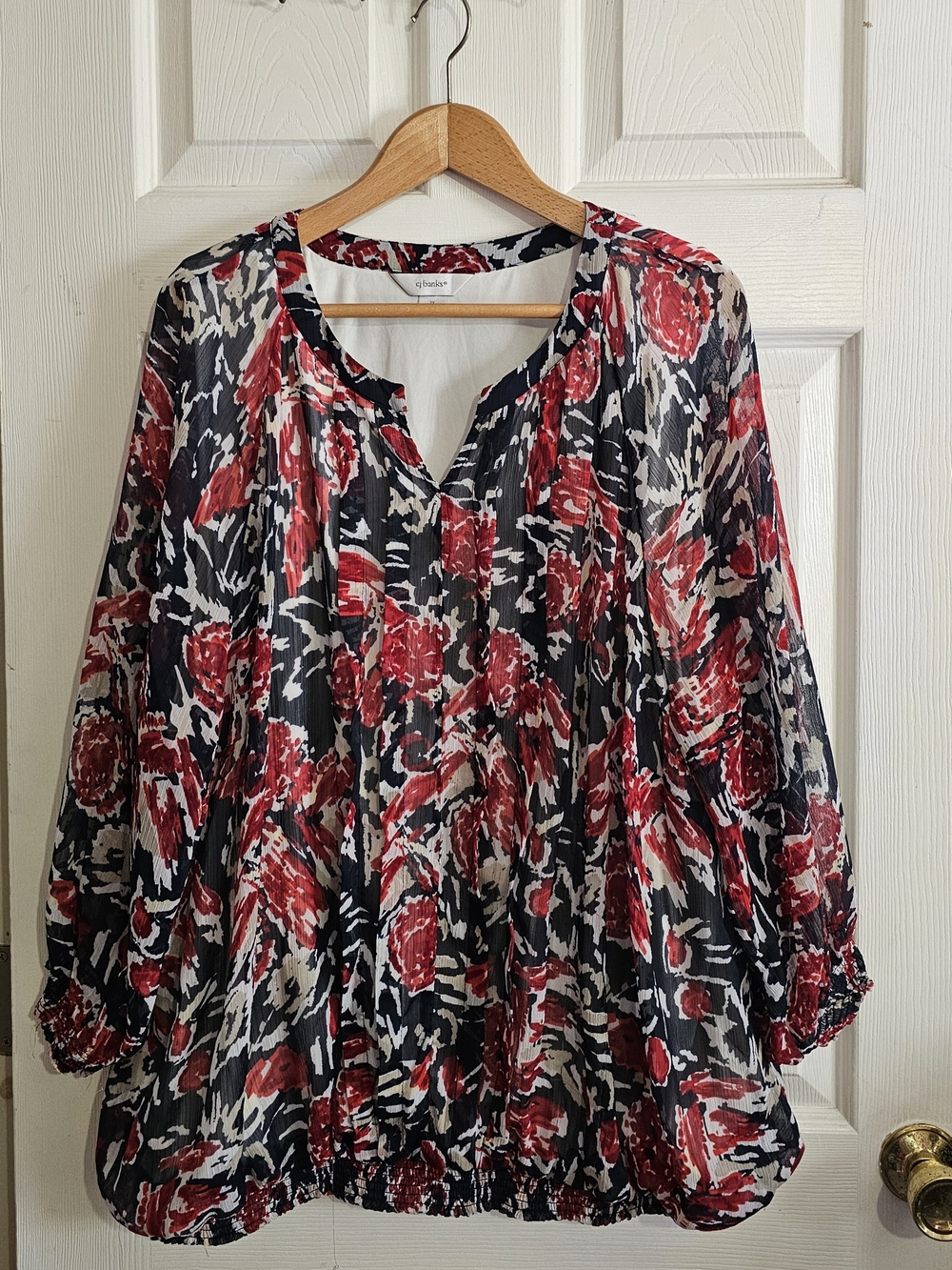 Christopher & Banks Red Black Cream Floral Pleated Tunic Top